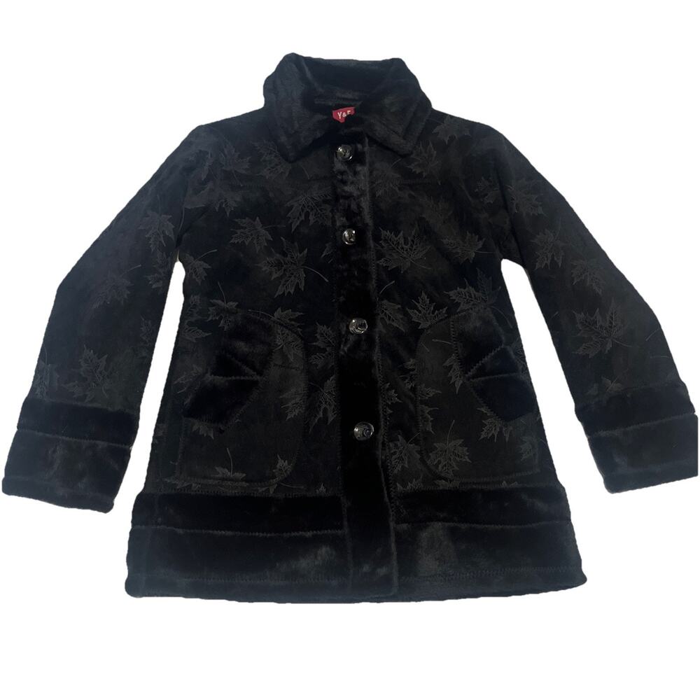 Women’s Vintage Style Medium Black Coat W Leaves Print A Faux Fur Boho Fall